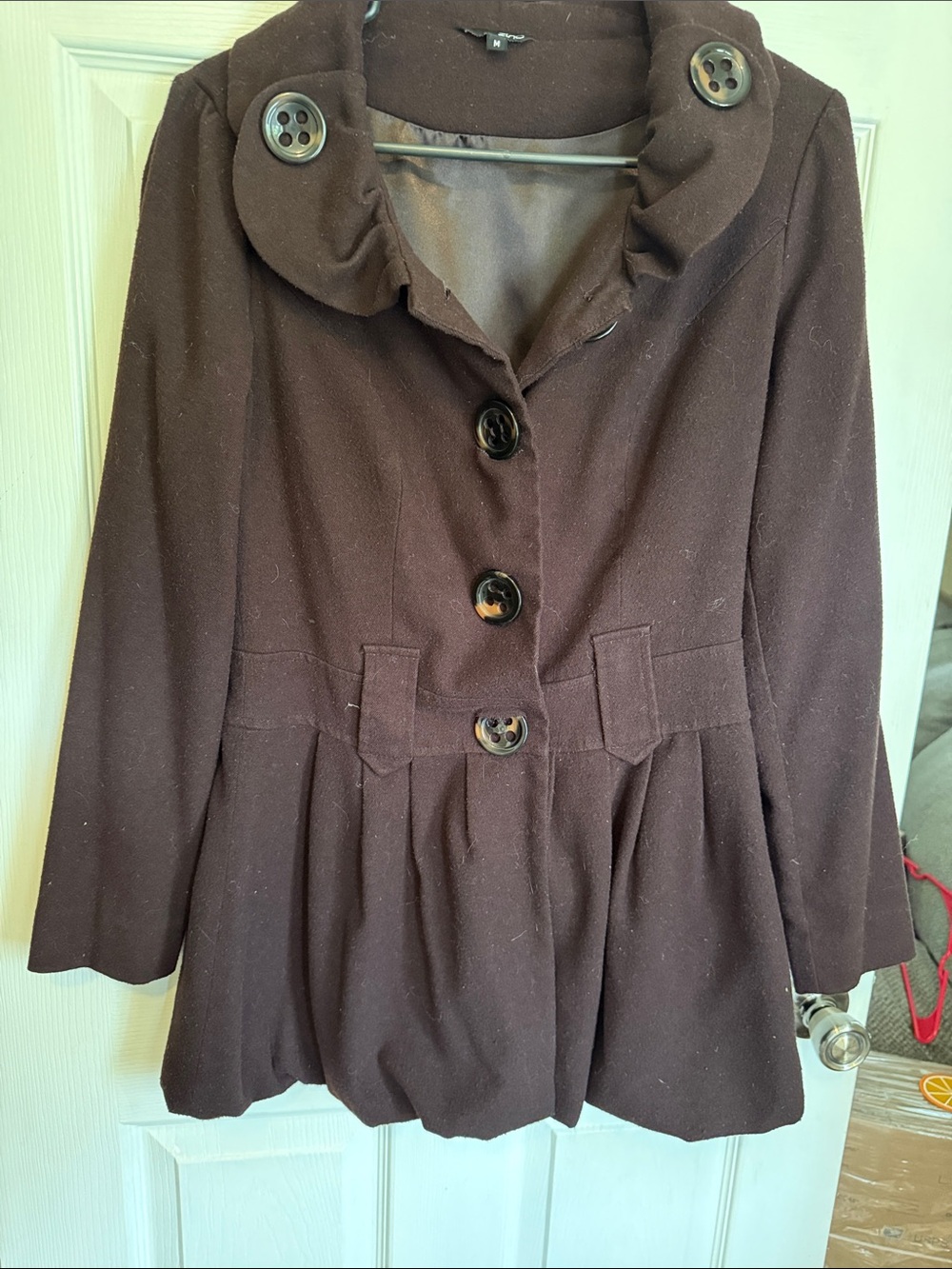 zinc Women's Dark Brown Button-Front Peplum Pea Coat